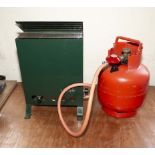 A Lifestyle greenhouse heater together with a propane gas cylinder