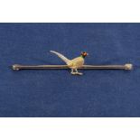 A 15ct golden enamelled pheasant tie pin/bar brooch