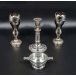 Two silver plate vases, a candlestick together with A Scottish Quaich
