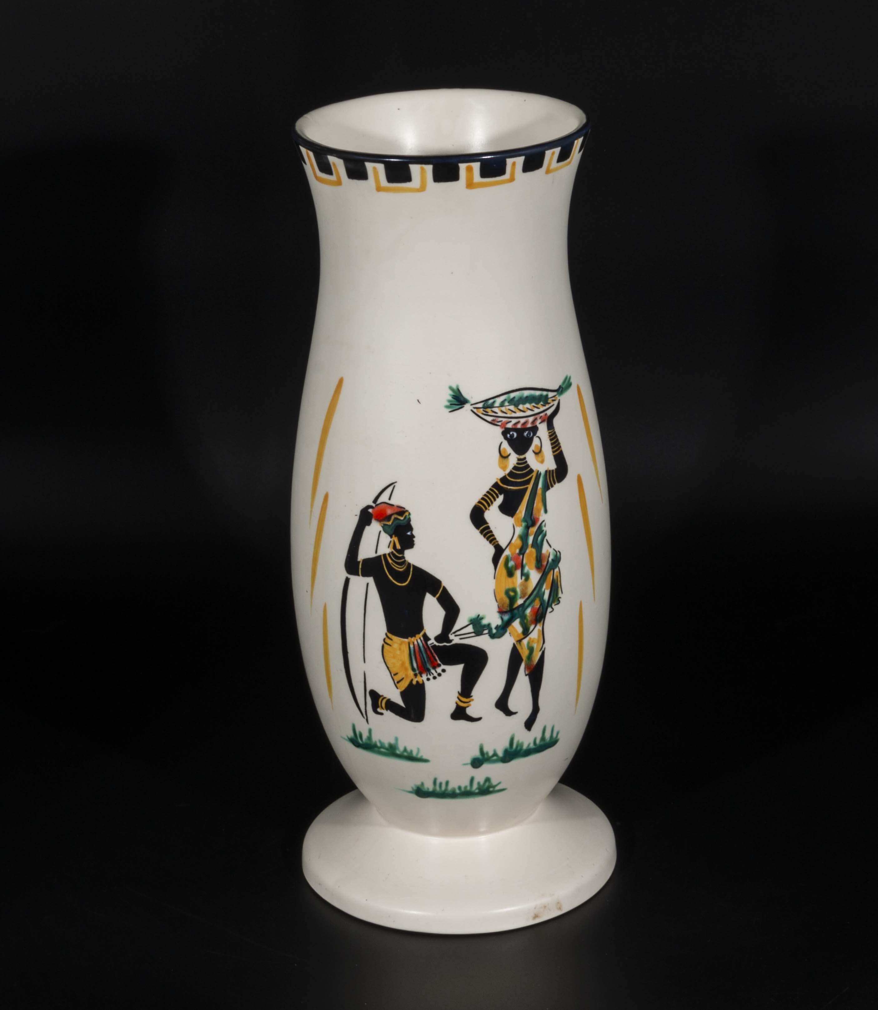 West German ivory ground vase decorated to the body with black figures and bright colours. 1950s 14"