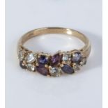 A 9ct gold amethyst and aquamarine ring, size S
