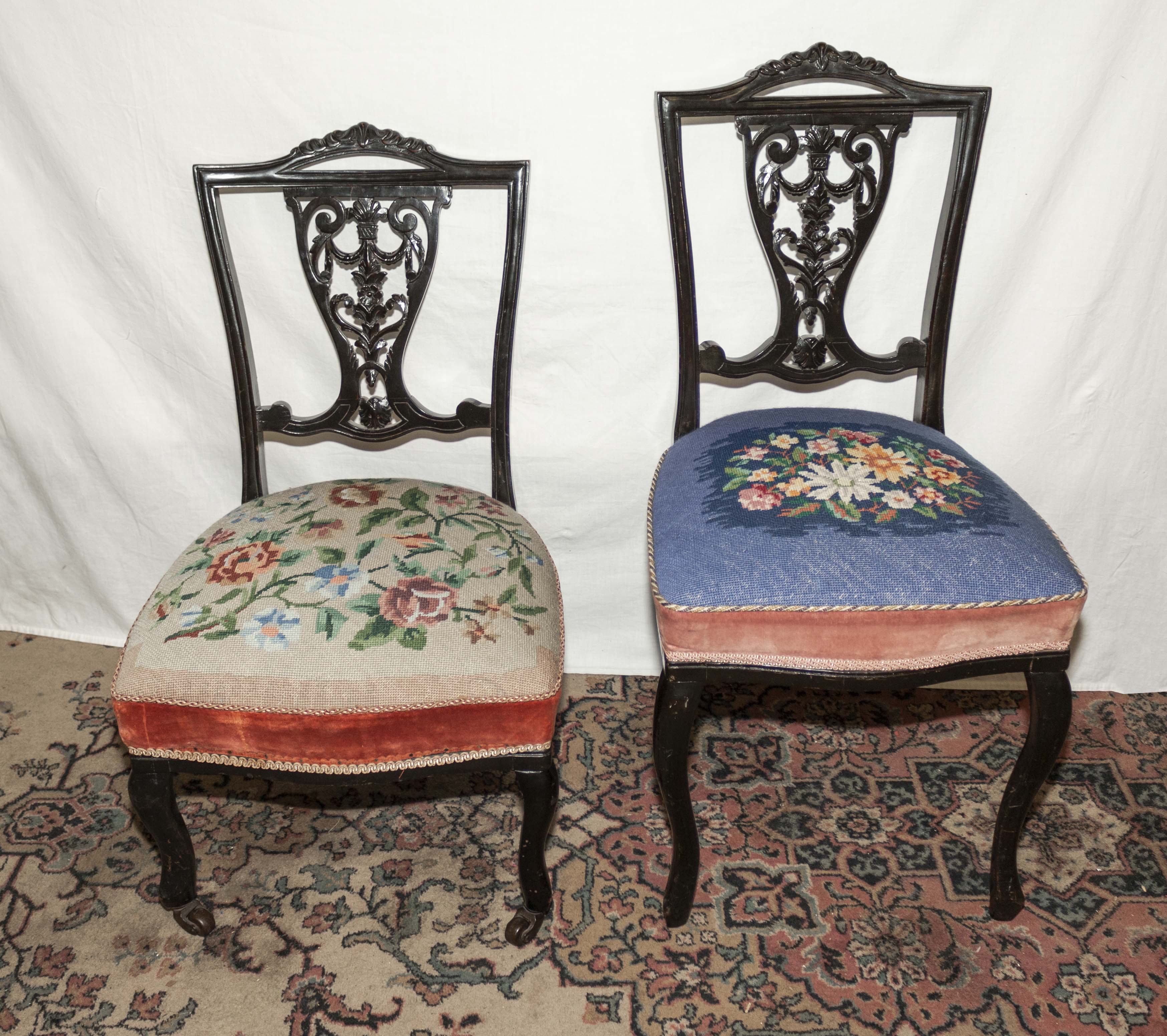 Two Edwardian bedroom chairs with tapestry seats
