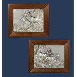 A pair of framed silver plated wall plaques depicting deer signed F Kollenberg. 13" x 15"