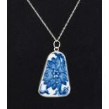 Silver mounted blue and white shard of Ming dynasty ceramics on sterling chain