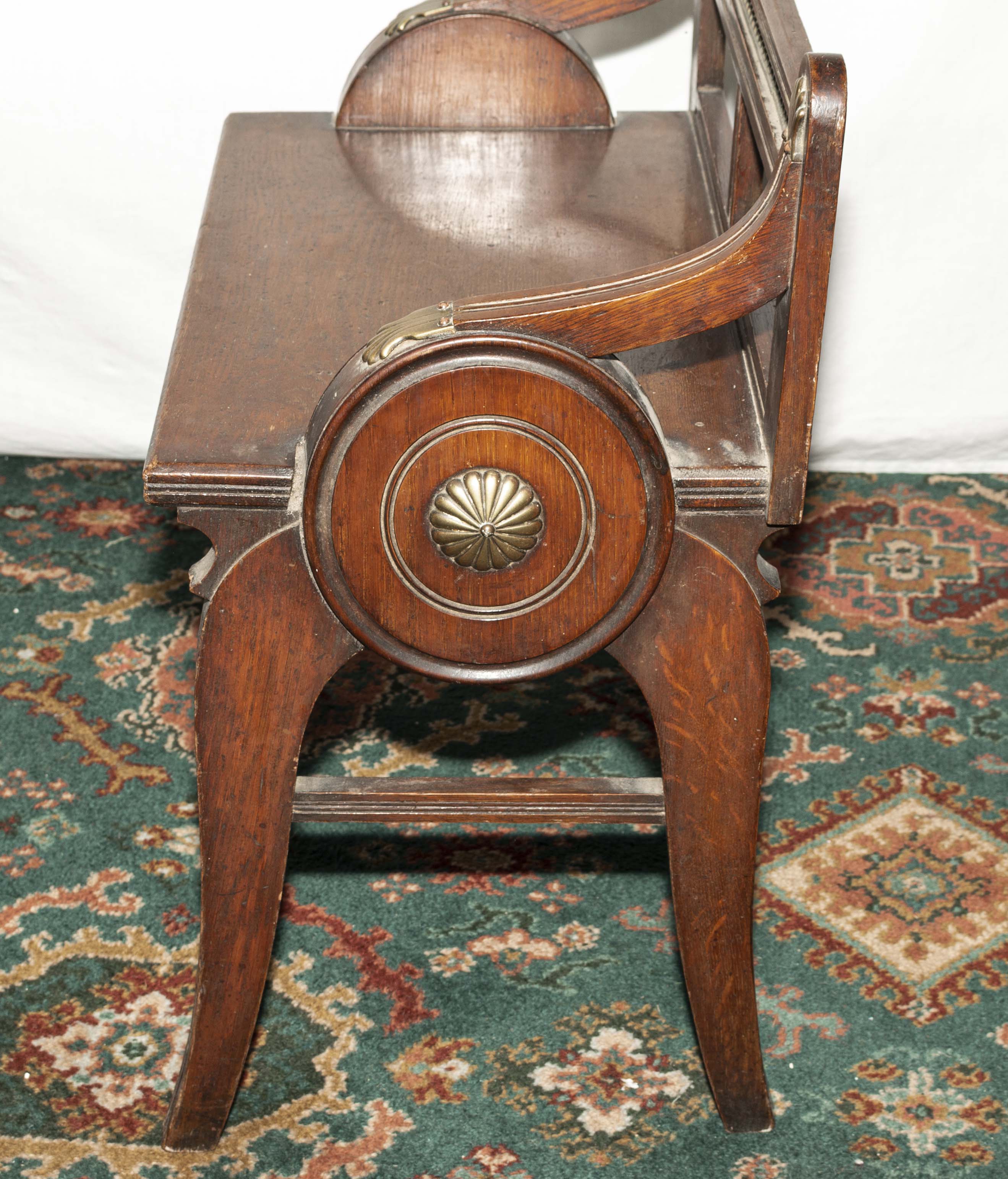 A James Shoolbred and company oak and brass mounted window seat. Lozenger date stamp to seat Trade - Image 2 of 6