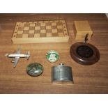 A chess set, hip flask and other items