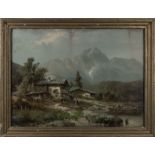 A framed print depicting an Alpine scene, 42cm x 57cm