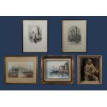 Two framed engravings and three prints