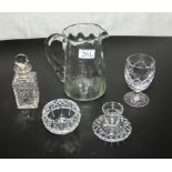 A cut glass perfume bottle, candlestick, bowl and two other items