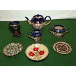 A Doulton Slaters teapot, cream and sugar bowl together with three decorative plates and one other