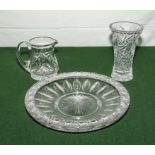 A crystal glass bowl, jug and a vase