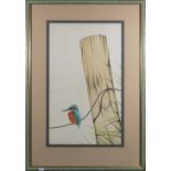 A large framed watercolour of a kingfisher, 53cm x 31cm