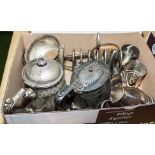 A box of silver plated items