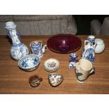 A collection of blue and white pottery and other items