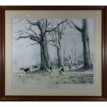 A large framed print depicting a hunting scene, entitled 'Giving Chase' signed in pencil Donald