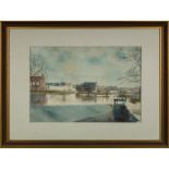 A framed watercolour depicting a river scene, image size 32.5 cm x 43 cm