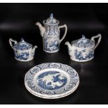 Old Chelsea tea, coffee pots and three plates