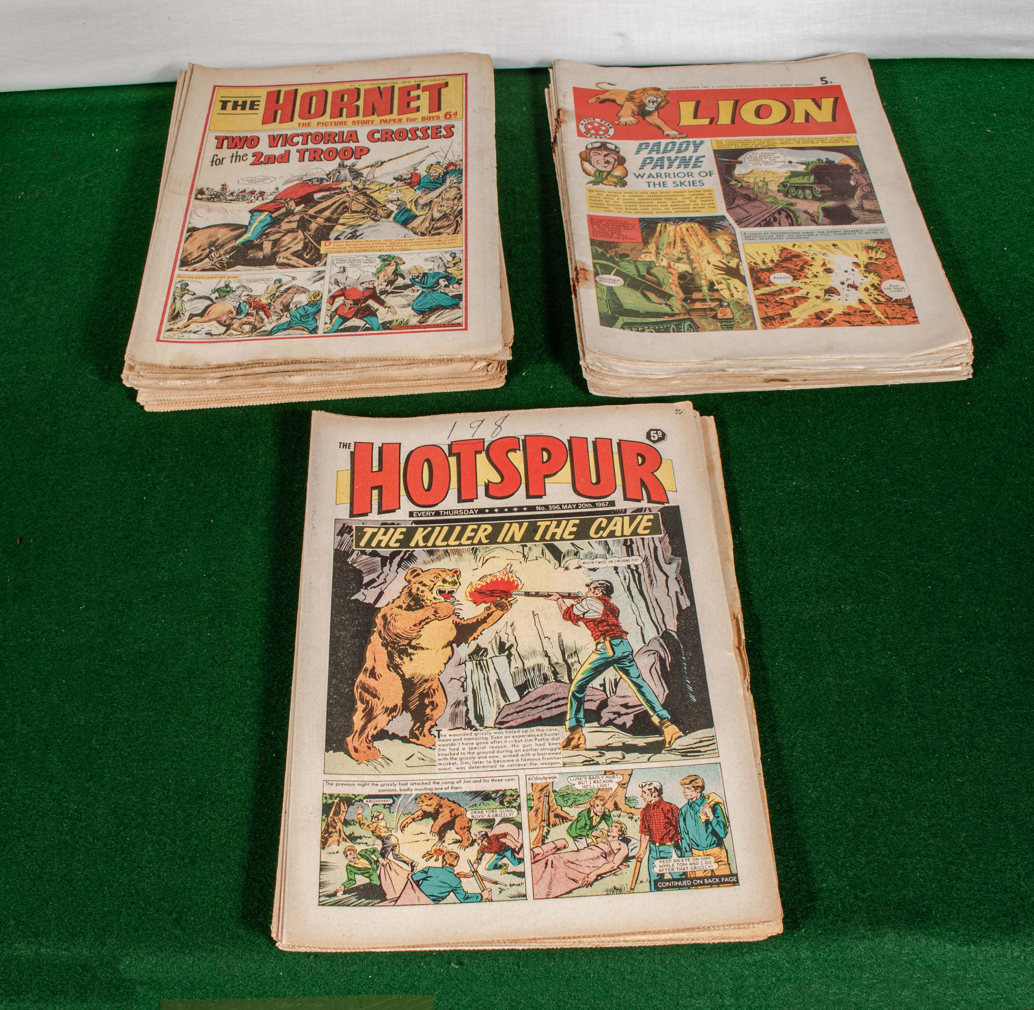 Collection of Lion 1962, Hotspur 1967 and Hornet 1965. 33 issues in total