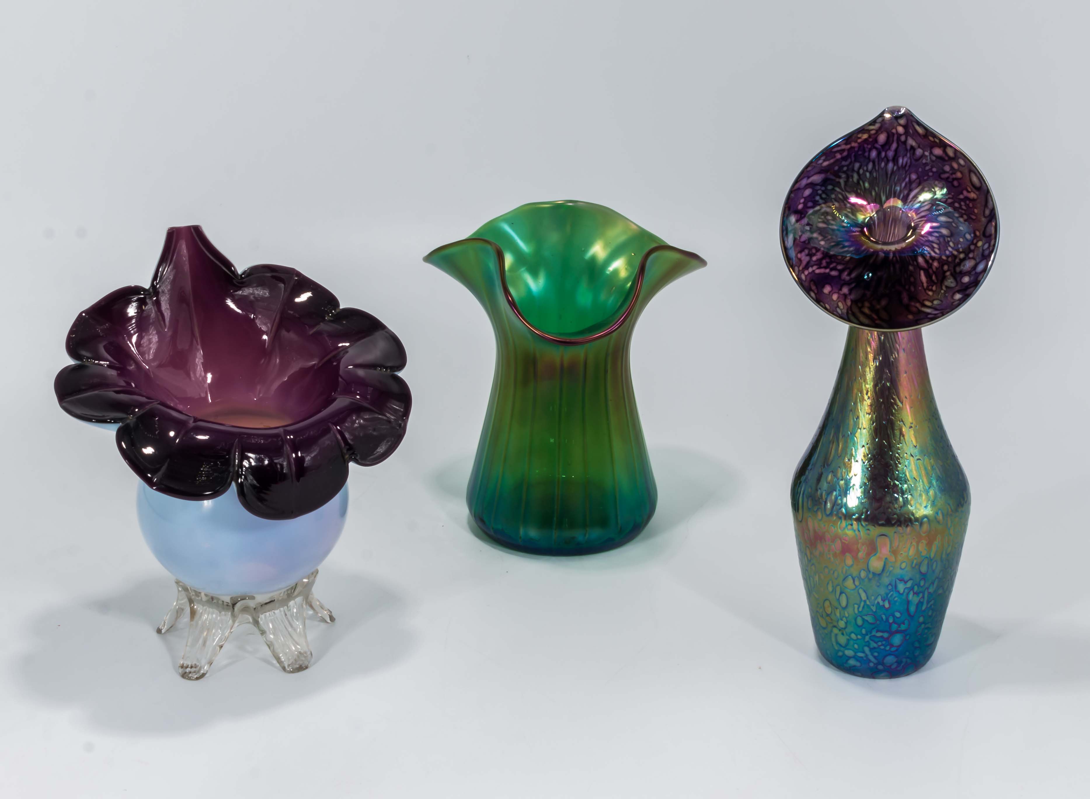 An art glass lustre jack in the pulpit, an art glass vase and one other