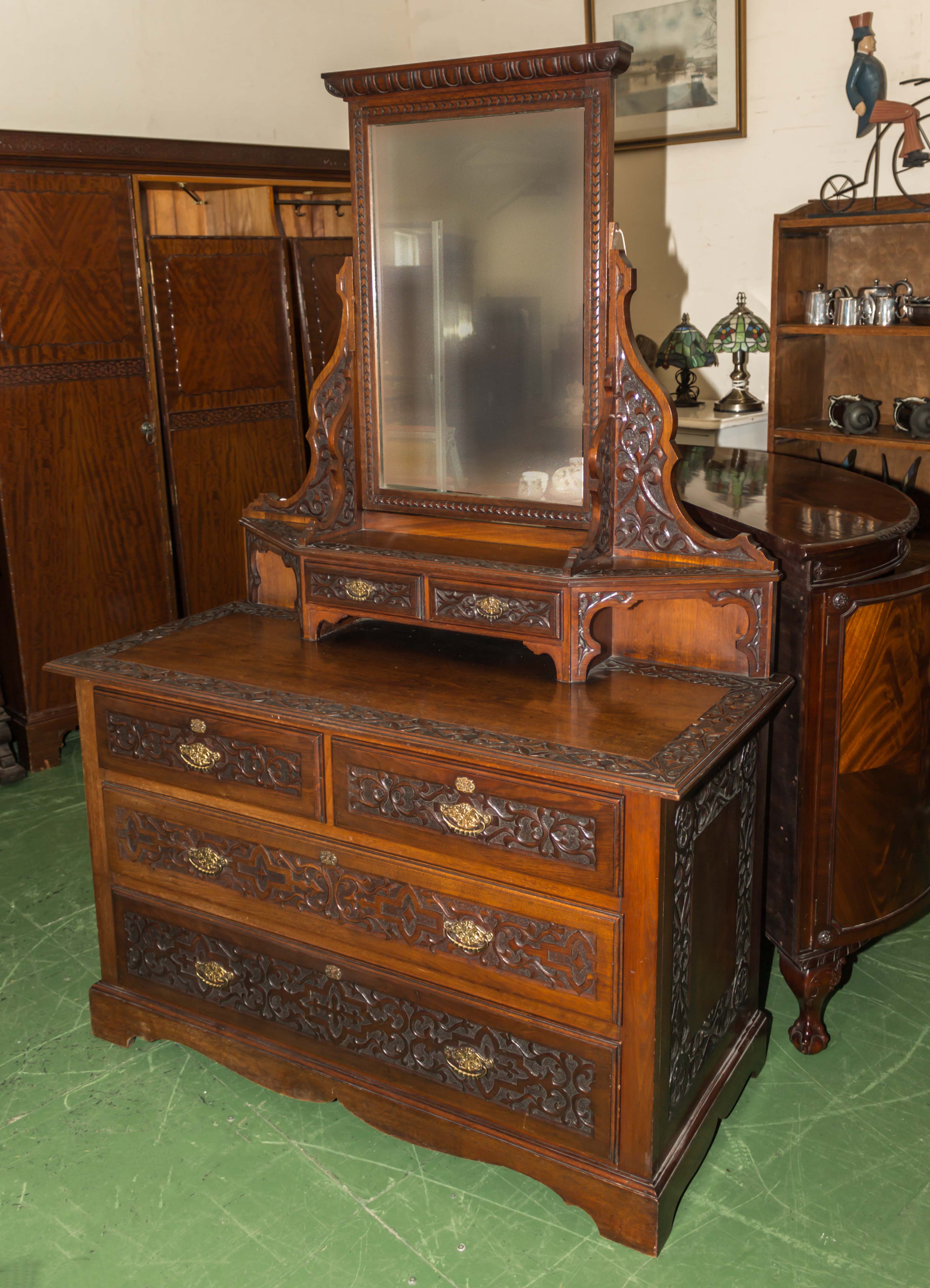 Late Victorian carved oak dressing table
