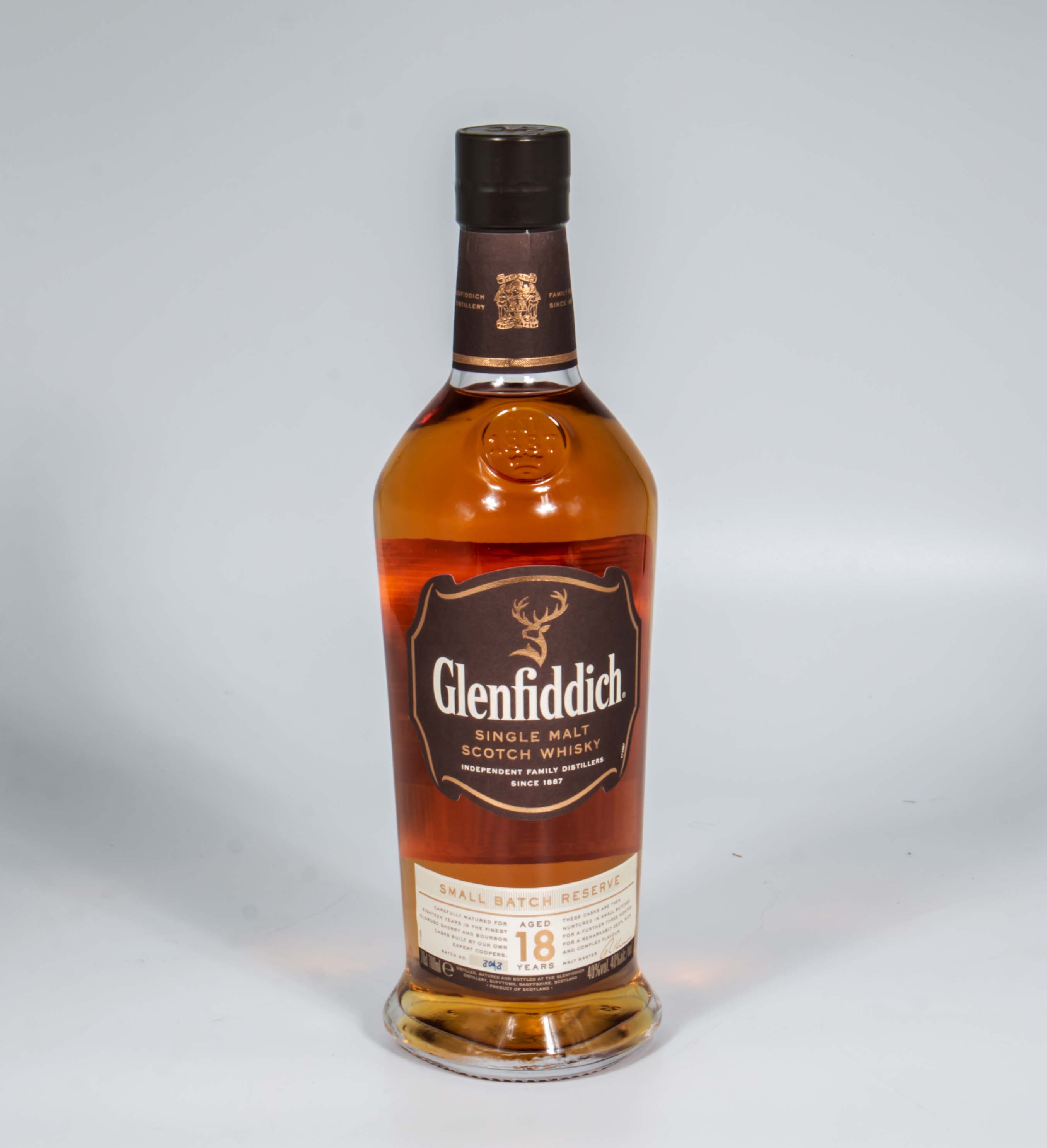 A bottle of Glenfiddich single malt whisky aged 18 years small batch reserve
