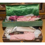 A late Victorian glove box and one other containing silk and satin fabrics