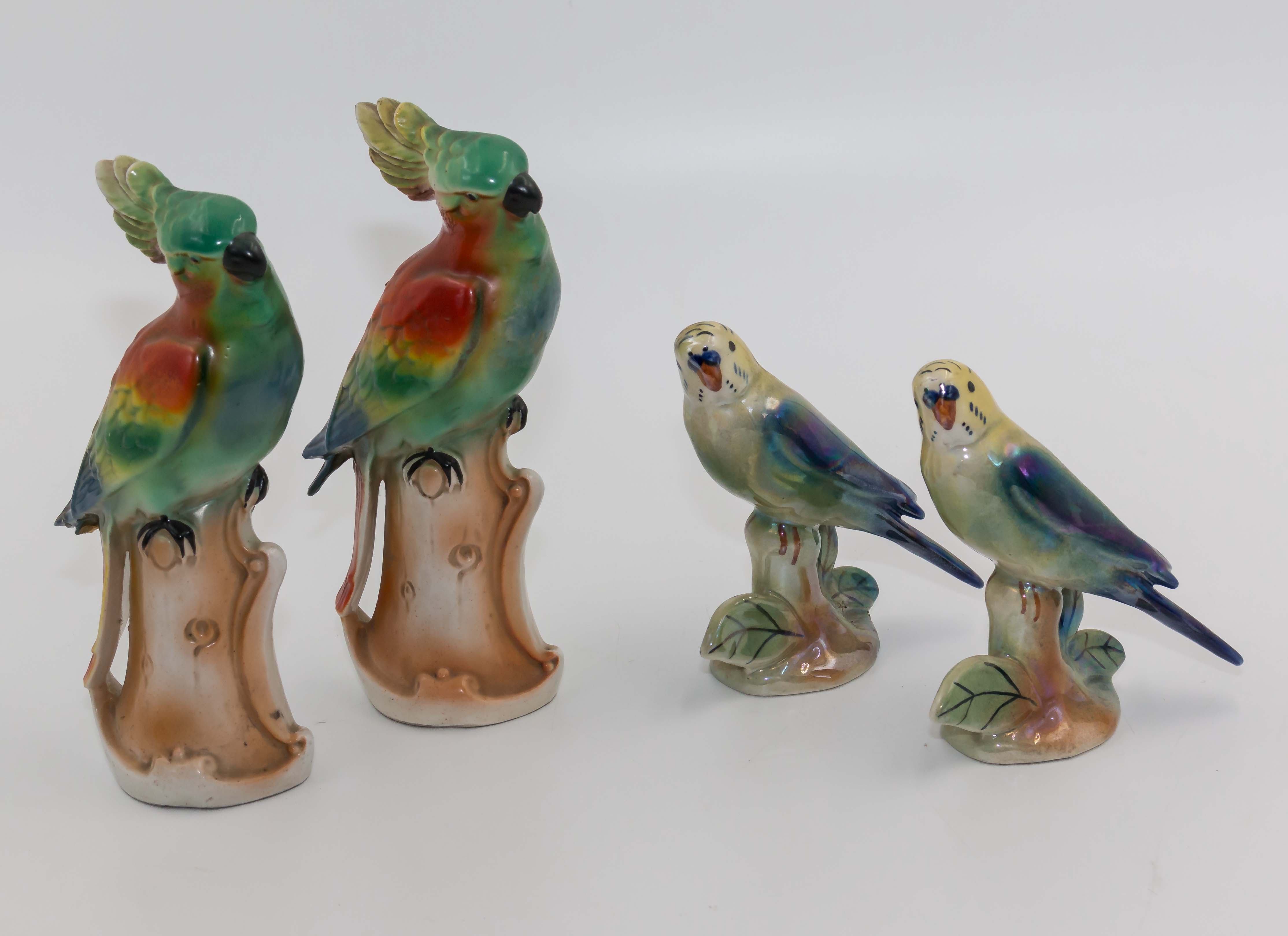 Two pottery parrots and two budgerigars