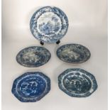 Five blue and white transfer printed plates