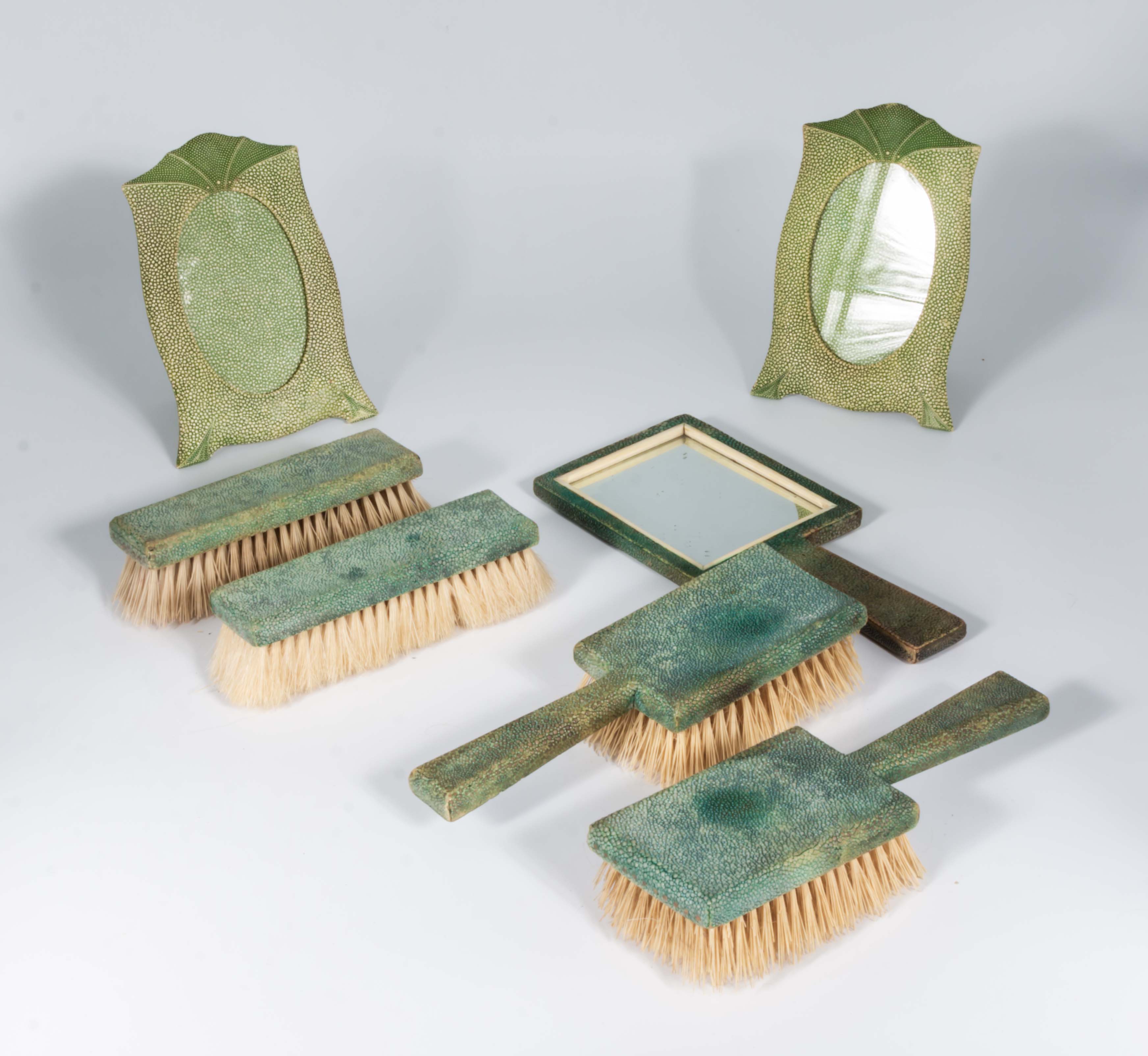 A shagreen dressing table set and two picture frames