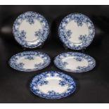 Five Hanley blue and white transfer printed pottery plates