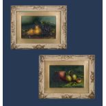 A pair of framed oils of still life, one signed with monogram K.C.V. Image size 19cm x 29cm