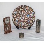 A mosaic plate, clock, vase and a lidded box