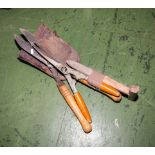 Two pairs of garden shears, a shovel and a dibber