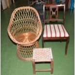 A cane chair, stool and one other