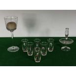 Six glasses with Scottish scenes and two candle holders