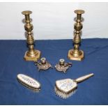 Two pairs of brass candle sticks and two brushes