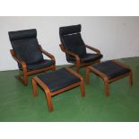 A pair of Ikea leather look chairs and footstools