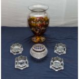 A glass vase, four glass salts and a rose bowl