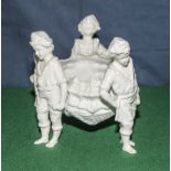 A pottery planter, three boys holding a shell