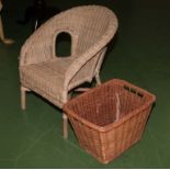 A basket weave chair and a basket