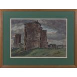 A framed watercolour depicting a ruined castle signed R Wilkie