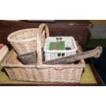 Three baskets, Singer sewing machine accessories and two heavy vintage door hinges