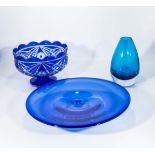 Three pieces of blue art glass