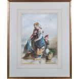 A framed watercolour depicting a mother and two children resting after harvesting, indistinct