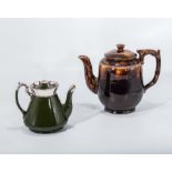Large Victorian brown-glazed barge teapot together with a Green Art Deco lustre finish tea pot a/f