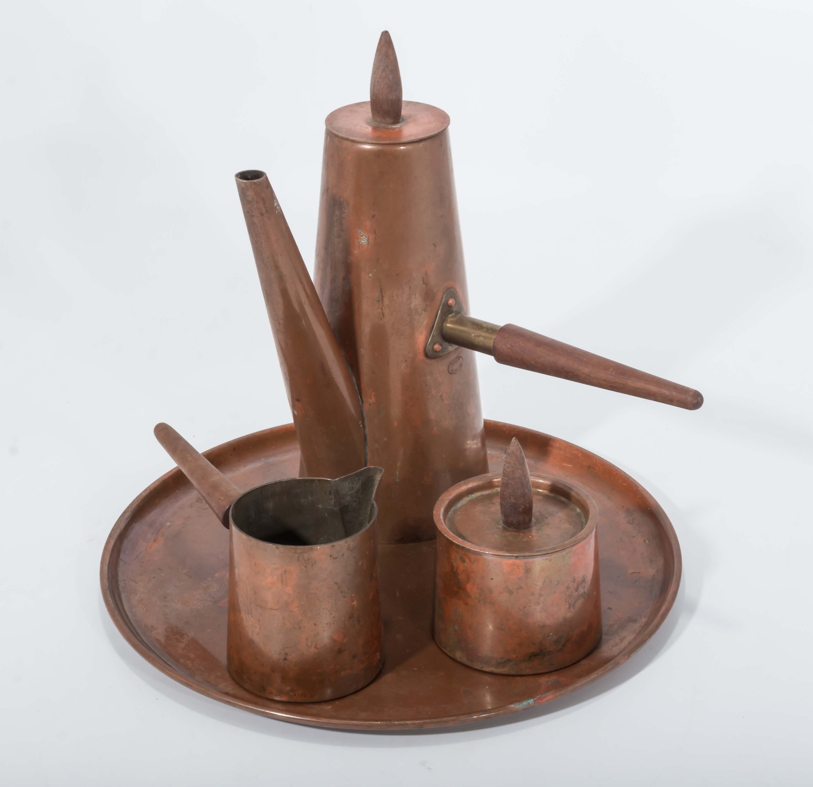 An early copper coffee pot with sugar, milk and tray