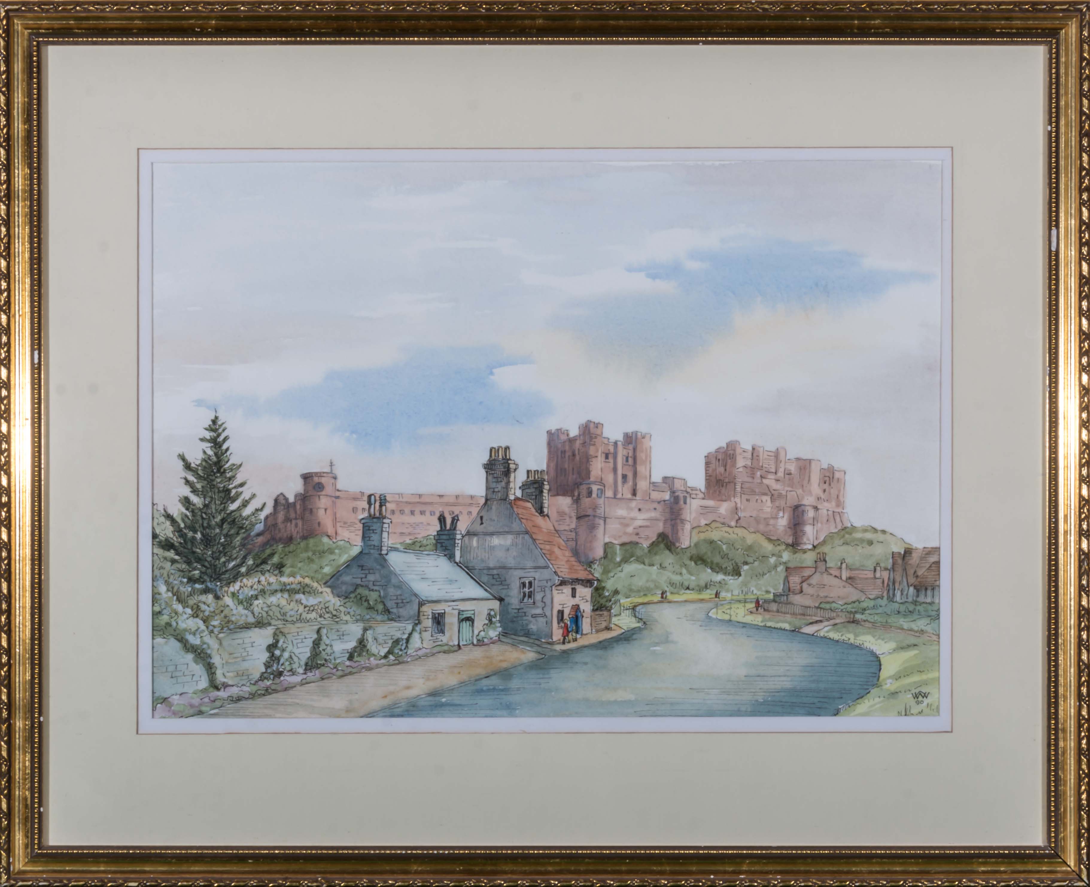 A framed watercolour depicting Bamburgh Castle signed Walter Wolfe 1990