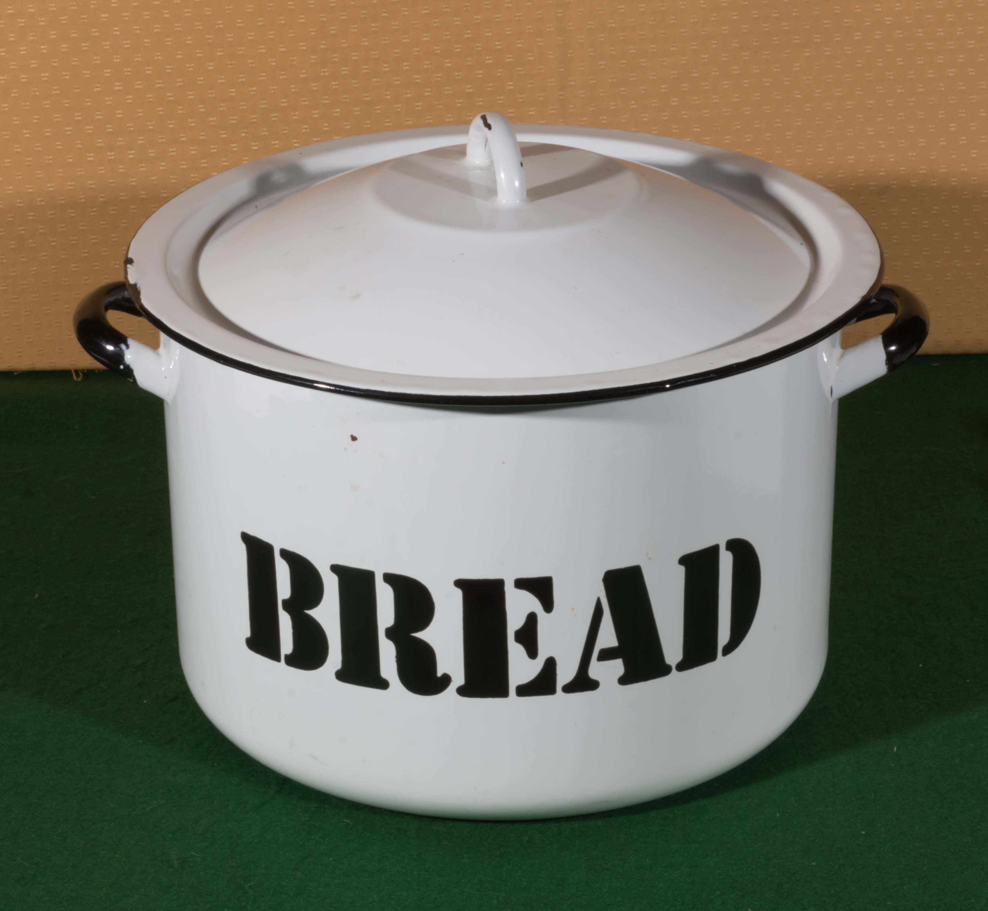 An enamel bread bin