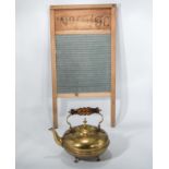 Vintage Reliance zinc washing board together with a vintage brass kettle with amber glass handle