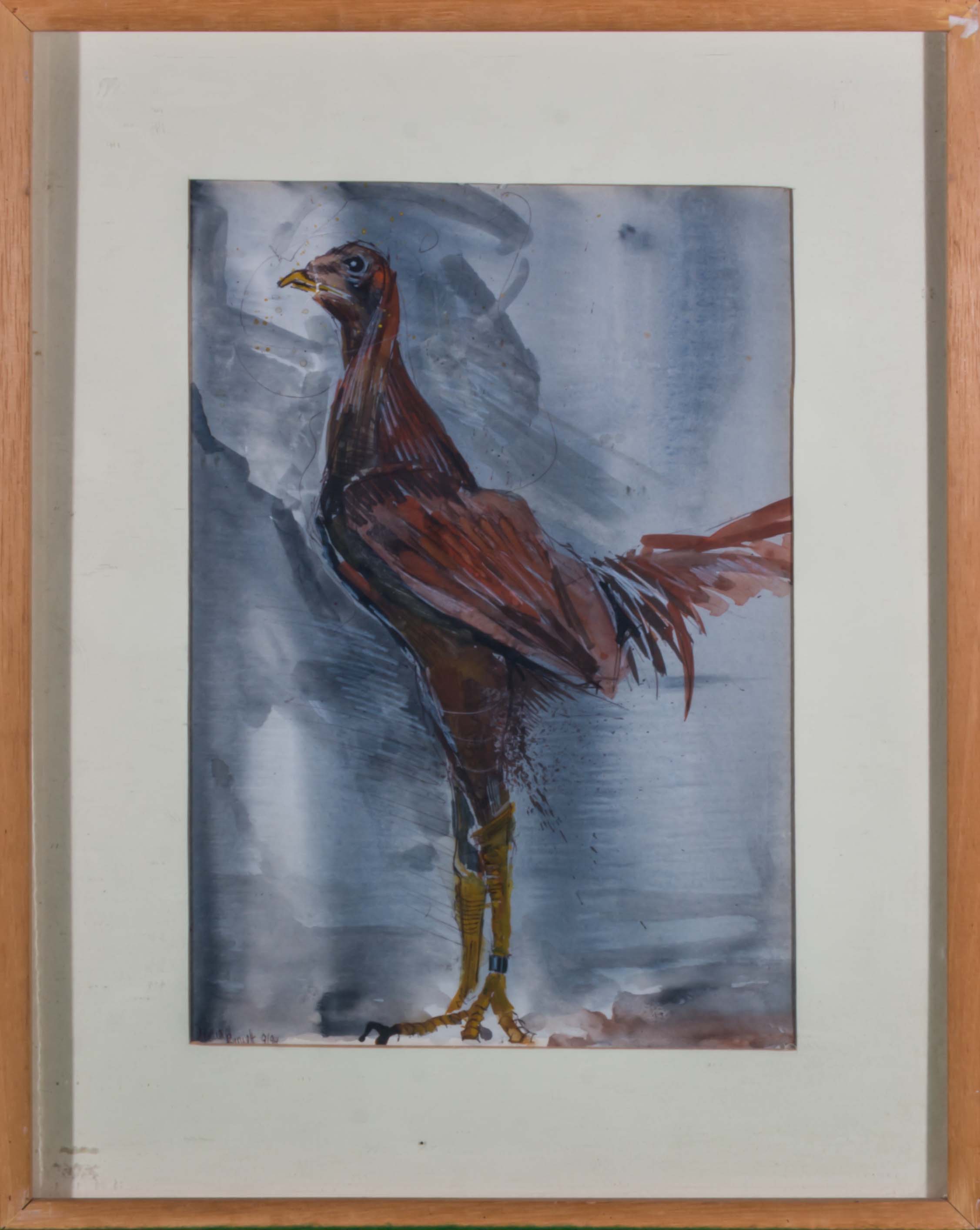 A framed watercolour entitled 'Fighting Cock' signed Michael Burnett